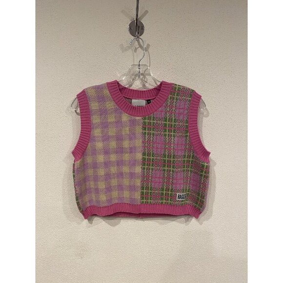 Ragged Jeans Lyric Sweater Vest Womens Medium Pink Patchwork Plaid Knit Cropped - Picture 2 of 4